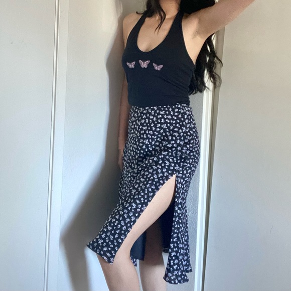 Black Floral Print Midi Slit Skirt - Picture 1 of 6